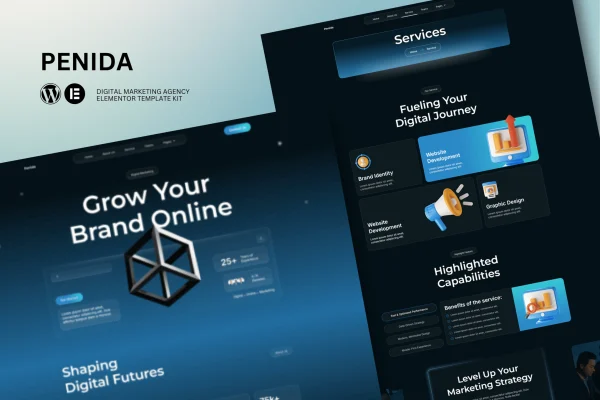 Penida digital marketing agency Elementor template kit cover showing website page layouts