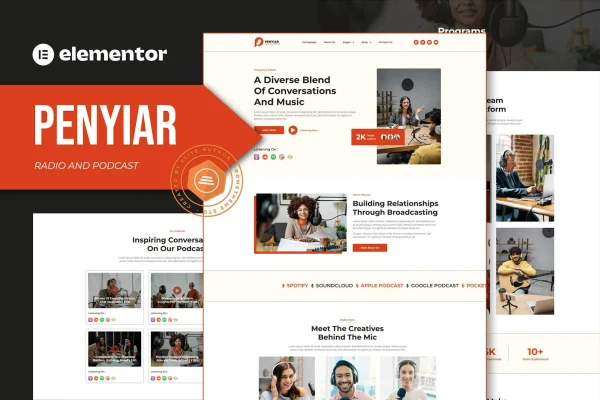 Penyiar radio and podcast Elementor template kit page previews