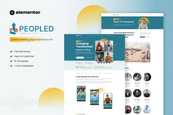 Peopled online meeting app Elementor template kit preview showing website page layouts