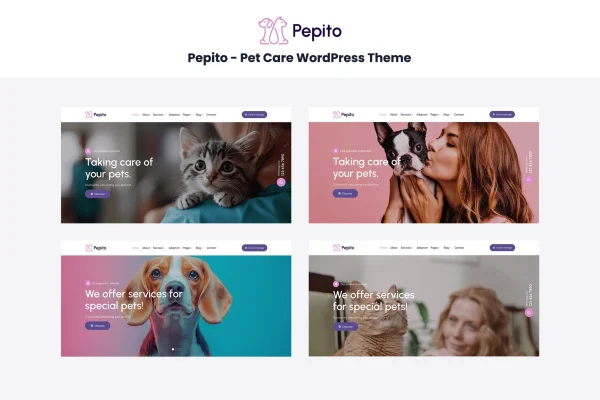 Pepito pet care WordPress theme preview with playful, colorful pet business layout