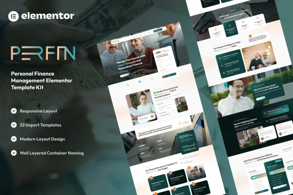 Perfin personal finance Elementor template kit preview