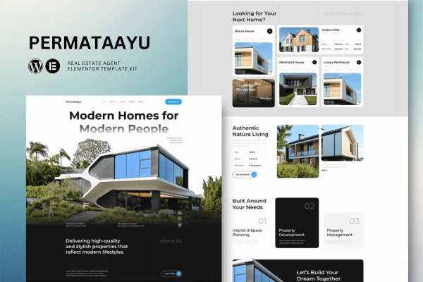 Permataayu real estate Elementor template kit preview with property listing pages