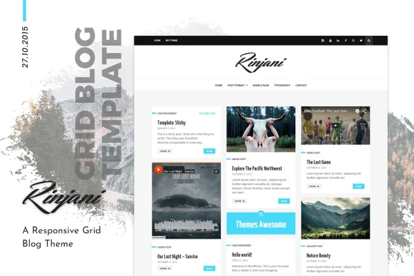 Personal Grid Blog WordPress Theme - Rinjani preview showing a grid of blog posts