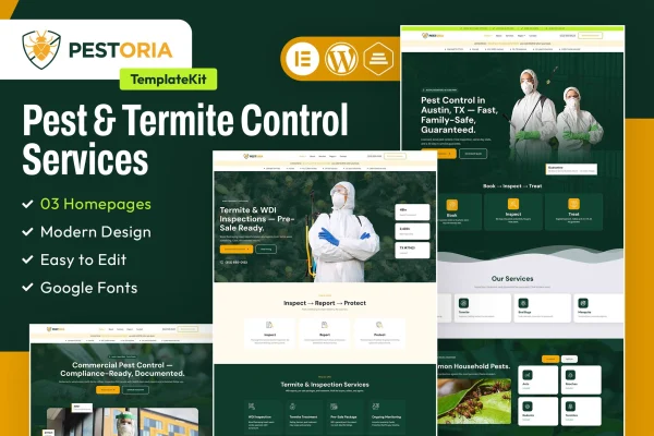 Pestoria pest and termite control Elementor template kit preview