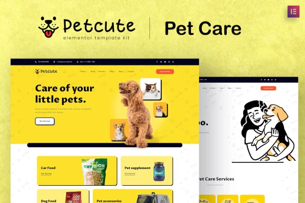 Pet Cute pet care and veterinary Elementor template kit preview