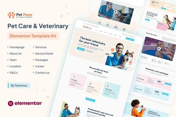 Pet Paws pet care and veterinary Elementor template kit cover image