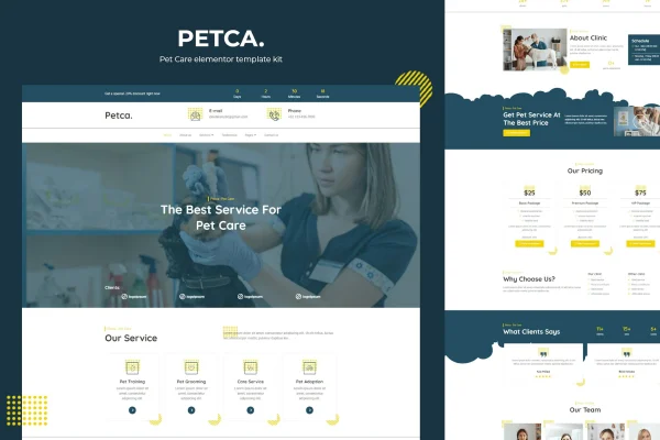 Petca pet care Elementor template kit cover with website page previews