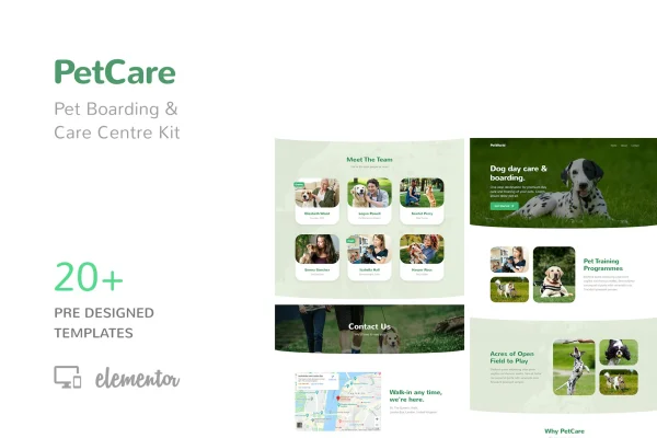 PetCare Elementor template kit preview for a pet boarding and care center website