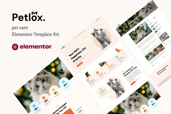 Petlox pet care Elementor template kit cover with cheerful pet-themed page designs