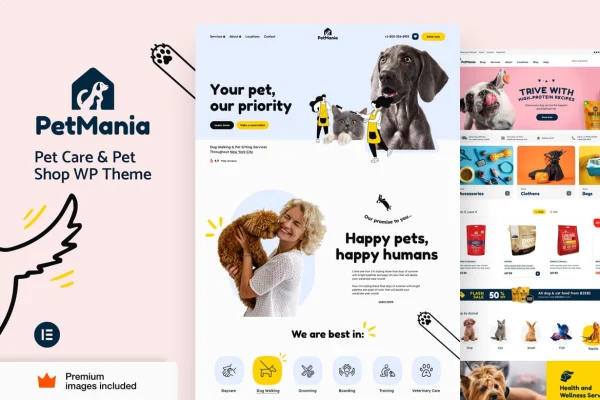 PetMania Theme preview showing pet care and pet shop website layouts