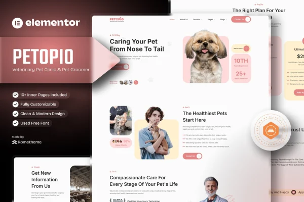 Petopio pet grooming and veterinary Elementor template kit preview