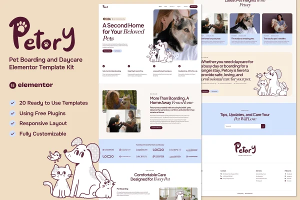 Petory pet boarding and daycare Elementor template kit preview