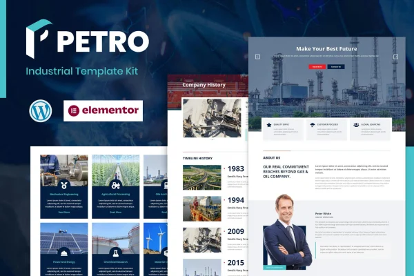 Petro industrial Elementor template kit preview showing page layouts