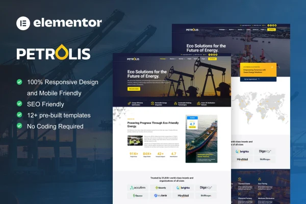 Petrolis oil company and industrial Elementor Pro template kit preview