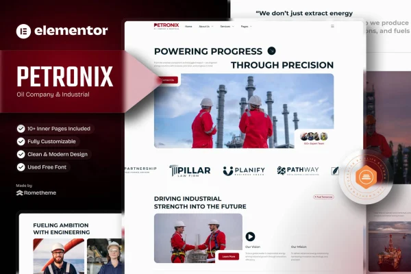 Petronix oil company and industrial Elementor template kit preview