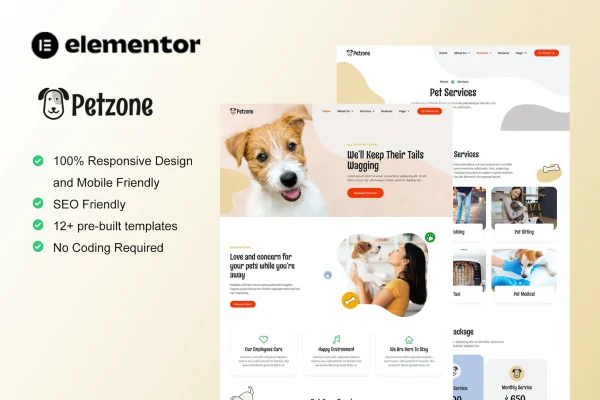 PetZone pet care services Elementor template kit cover image