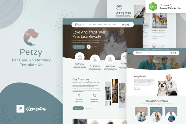 Petzy pet care and veterinary Elementor template kit preview