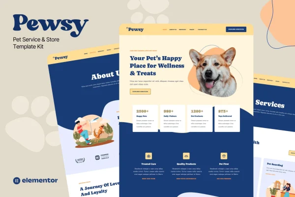 Pewsy pet service and store Elementor template kit preview