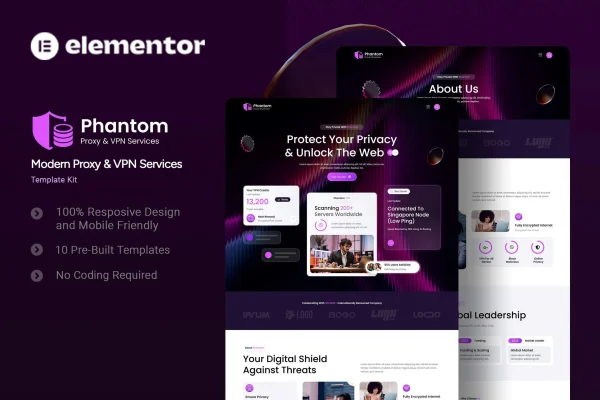 Phantom VPN and proxy services Elementor template kit preview
