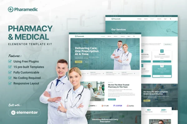 Pharamedic pharmacy and medical Elementor template kit preview