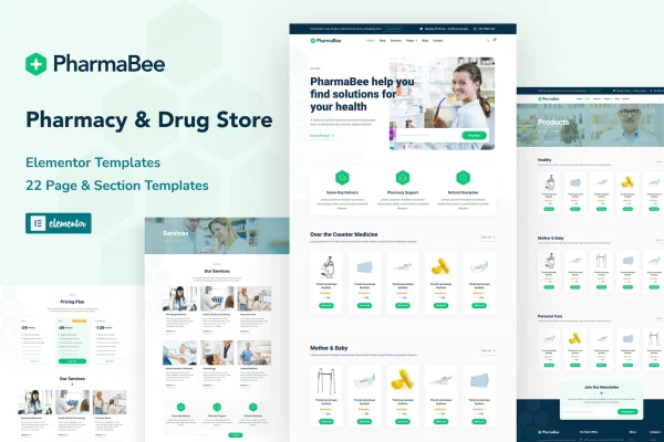 PharmaBee pharmacy and drug store Elementor template kit preview