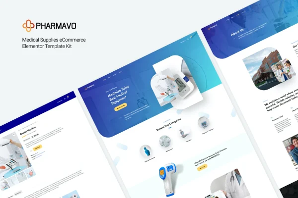 Pharmavo medical supplies eCommerce Elementor template kit preview