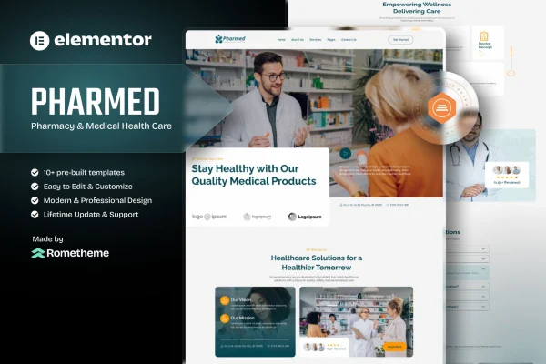 Pharmed pharmacy and medical health care Elementor template kit cover