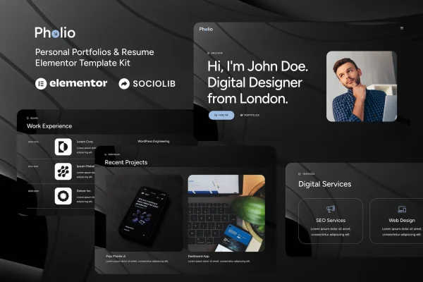 Pholio personal portfolio and resume Elementor template kit preview