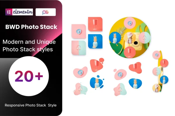 Photo Stack Addon for Elementor plugin banner with layered photo examples