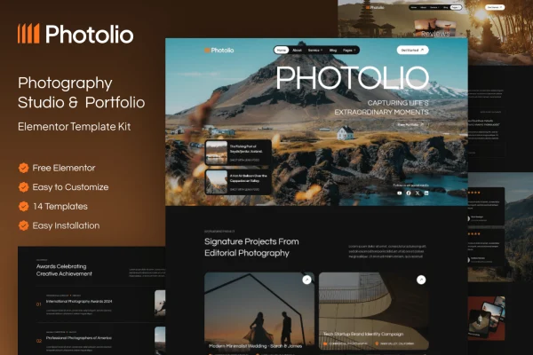 Photolio photography studio and portfolio Elementor template kit preview