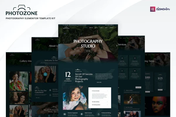 Photozone photography Elementor template kit cover showing portfolio page layouts