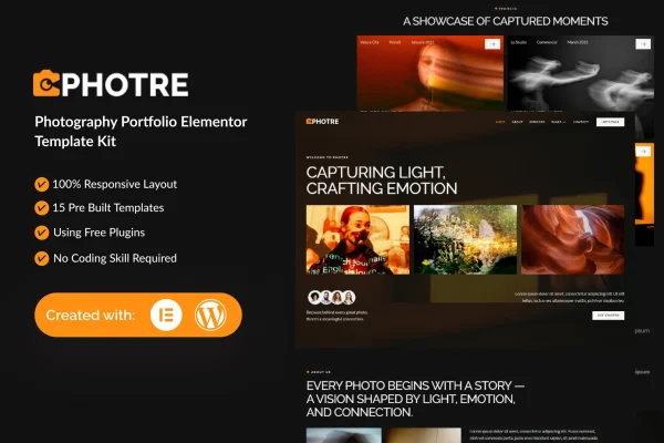 Photre photography portfolio Elementor template kit preview