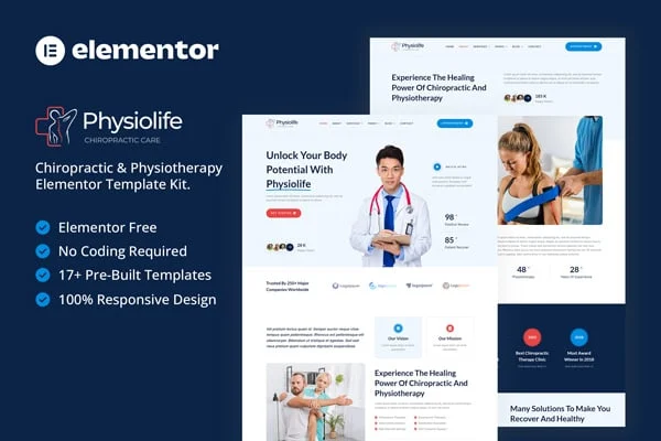 Physiolife chiropractic and physiotherapy Elementor template kit preview