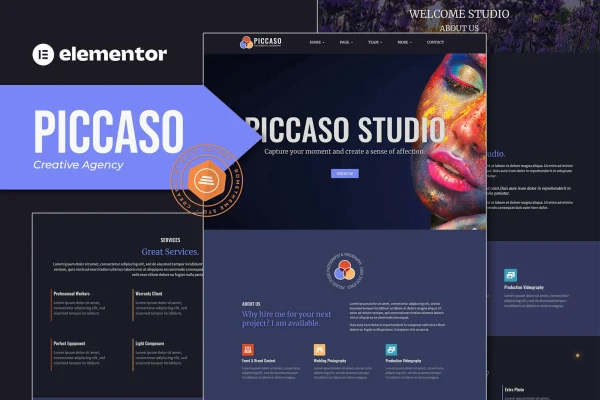 Piccaso photography Elementor template kit cover with dark portfolio page layouts