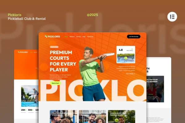 Pickloris pickleball club and court rental Elementor template kit preview