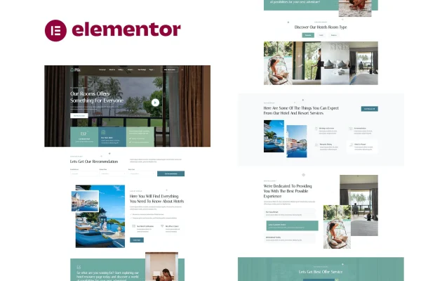 Pila hotel and resort Elementor template kit preview with room and homepage layouts