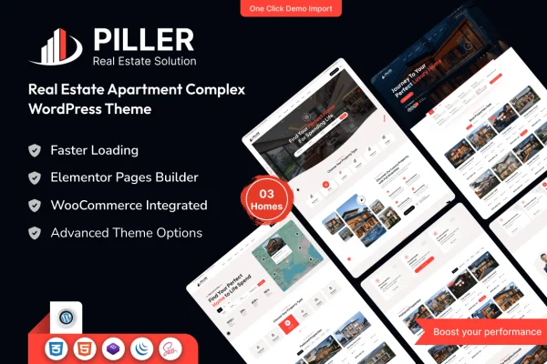 Piller real estate WordPress theme preview with property listings