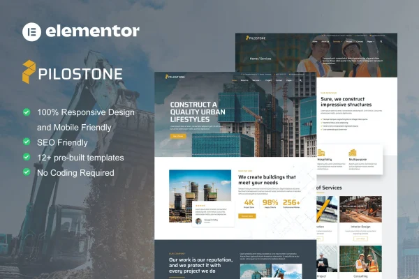 Pilostone construction and building service Elementor template kit preview