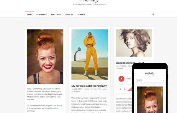 Pinfinity WordPress theme with a Pinterest-style grid of photo, video and quote posts
