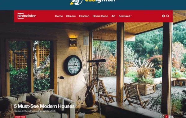 Pinmaister WordPress theme preview showing a Pinterest-style blog post grid