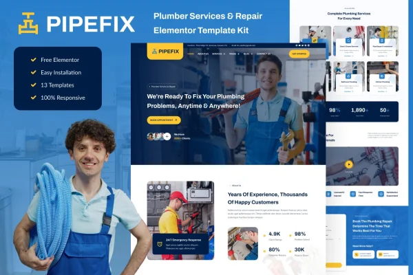 Pipefix plumber and repair services Elementor template kit preview