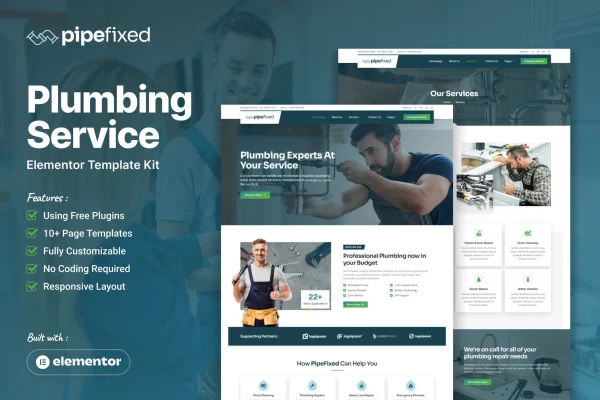 Pipefixed plumbing service Elementor template kit preview