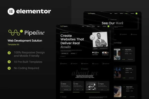 Pipeline web development Elementor template kit preview showing website page layouts
