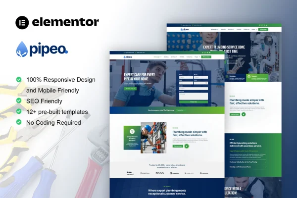 Pipeo plumbing service Elementor template kit cover image