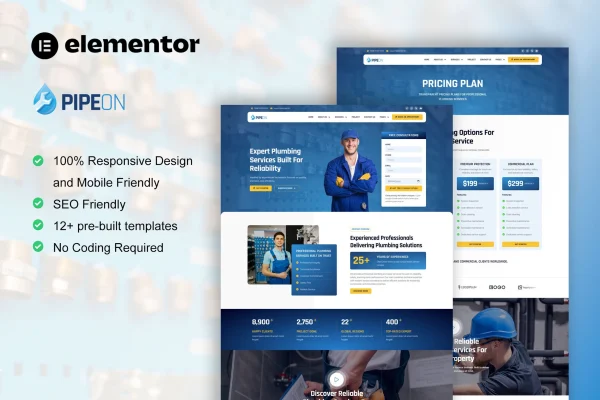 PipeOn plumbing services Elementor Pro template kit preview