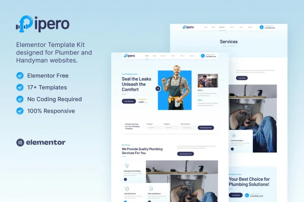 Pipero plumber and handyman Elementor template kit preview