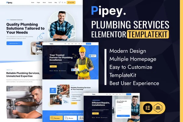 Pipey plumber services Elementor template kit cover showing plumbing website page layouts
