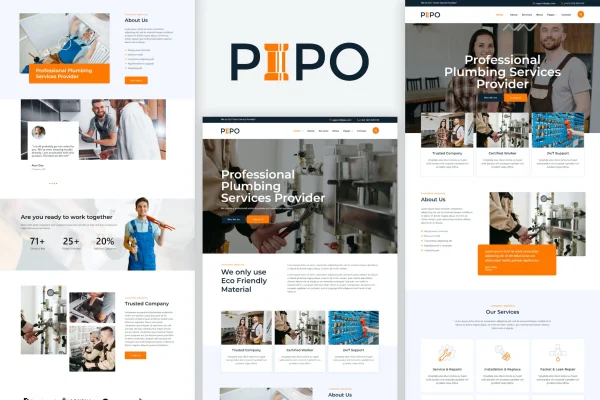 Pipo plumber services Elementor template kit preview showing website page layouts
