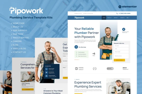 Pipowork plumbing service Elementor template kit preview