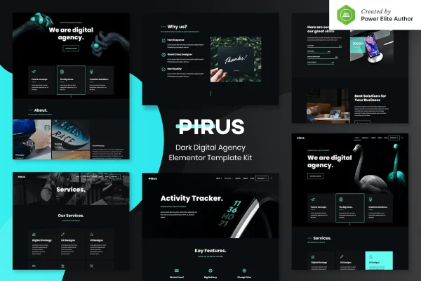PIRUS dark digital agency Elementor template kit cover showing website page layouts